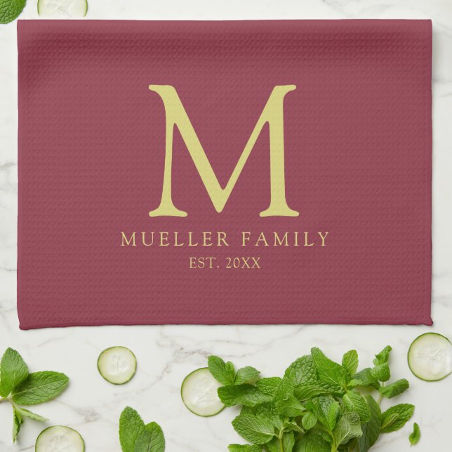 Bordeaux Solid Colour Gold Family Name Monogram Kitchen Towel (Folded)