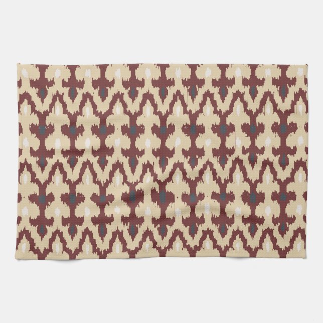 Bordeaux Tan Geometric Ikat Tribal Ornament Pattrn Kitchen Towel (Horizontal)