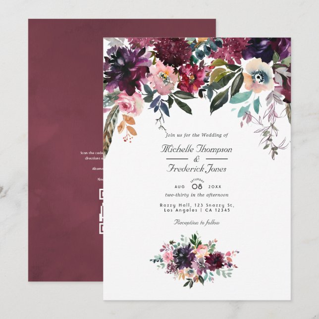 Bordeaux Wine Colour Floral QR Code Garden Wedding Invitation (Front/Back)
