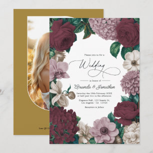 Bordeaux Wine, Mauve Smoke & Tulle Beige Wedding Invitation