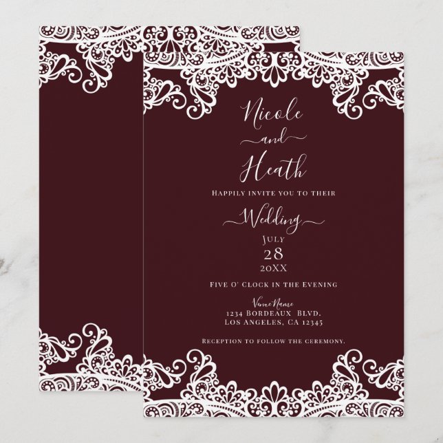 Bordeaux Wine & White Lace Elegant Wedding    Invitation (Front/Back)