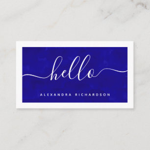 Border and Script   Bold Blue Watercolor Hello Business Card