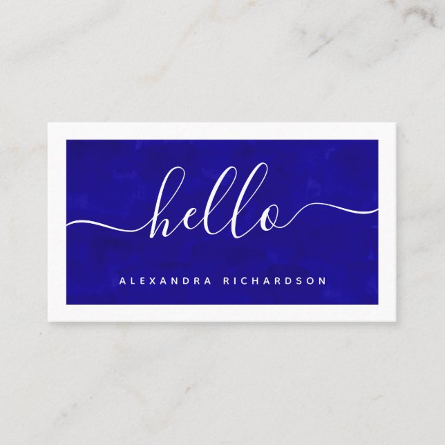 Border and Script | Bold Blue Watercolor Hello Business Card (Front)