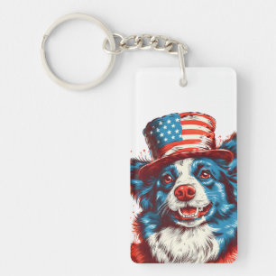 Border colie with an American flag hat Keychain