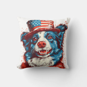 Border colie with an American flag hat Throw Pillow