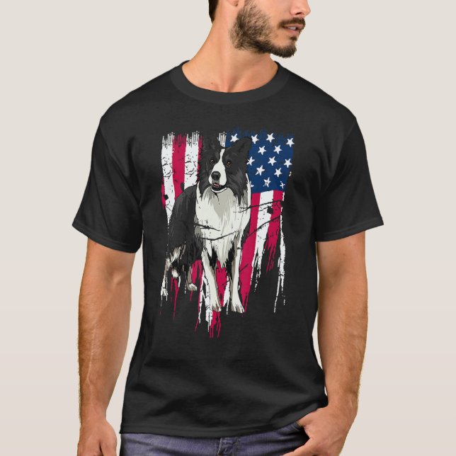 Border Collie American Flag USA Awesome T-Shirt (Front)