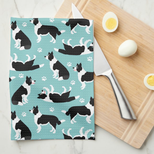 Border Collie and Paw Print Kitchen Towel (Quarter Fold)