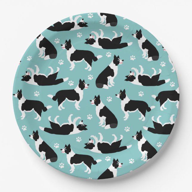 Border Collie and Paw Print Paper Plate (Front)