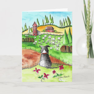 Border Collie and Sheep, Watercolor Folk Art Card