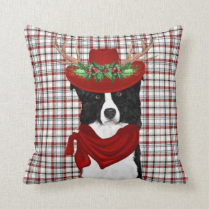 Border Collie and Western Plaid Christmas Dog Throw Pillow