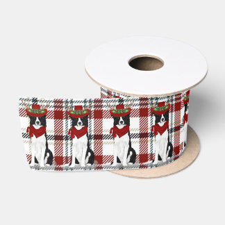 Border Collie and Western Plaid Dog Christmas Satin Ribbon