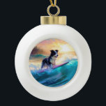 Border Collie Beach Surfing Painting Ceramic Ball Christmas Ornament<br><div class="desc">Immerse yourself in the playful world of canine adventure with this captivating painting. A spirited dog takes to the waves, skilfully riding the surf on a sun-kissed beach. The vibrant artwork beautifully captures the essence of beachside excitement as the dog fearlessly rides the waves, embodying the spirit of fun and...</div>