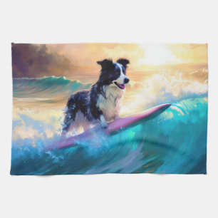 Border Collie Beach Surfing Painting Kitchen Towel