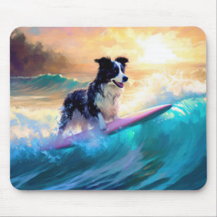 Border Collie Beach Surfing Painting Mouse Pad