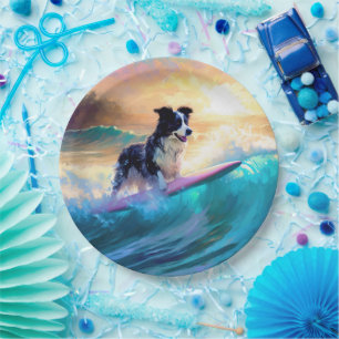 Border Collie Beach Surfing Painting Paper Plate