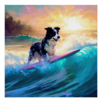 Border Collie Beach Surfing Painting
