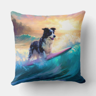 Border Collie Beach Surfing Painting Throw Pillow
