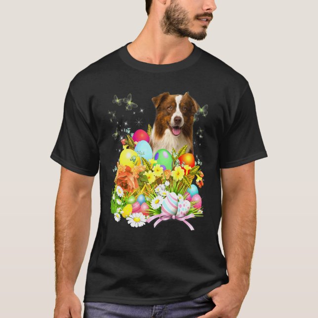 Border Collie Bunny Dog With Easter Eggs Basket Co T-Shirt (Front)