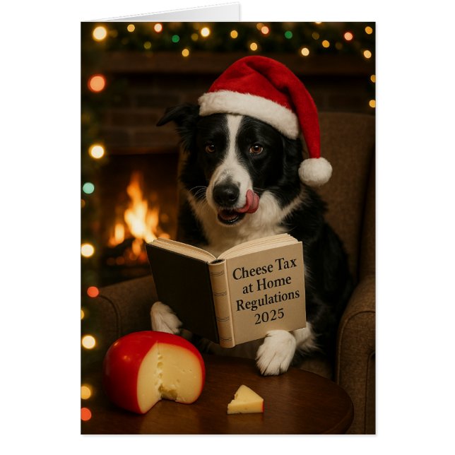Border collie 'Cheese Tax' Christmas card (Devant)