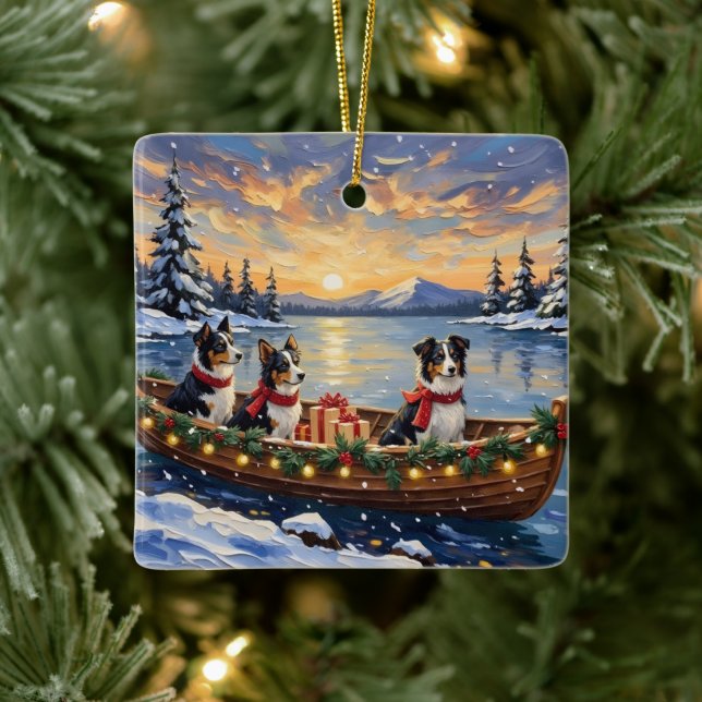 Border Collie Christmas Boat Holiday Ceramic Ornament (Tree)