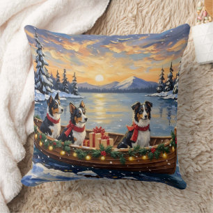 Border Collie Christmas Boat Holiday Throw Pillow