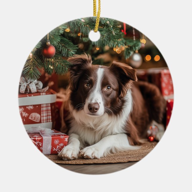 Border Collie Christmas Ceramic Ornament (Front)