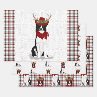 Border Collie Christmas Dog and Western Plaid Wrapping Paper Sheet
