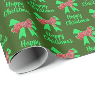 Border Collie Christmas Dog & Green Bow Green Wrapping Paper