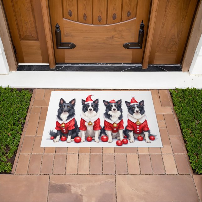 Border Collie Christmas Dress Santa Hat Doormat (Outdoor)