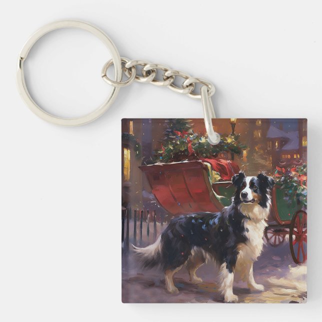 Border Collie Christmas Festive Season  Keychain (Front)
