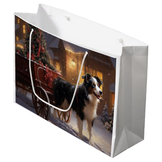 Border Collie Christmas Festive Season Large Gift Bag (Front Angled)