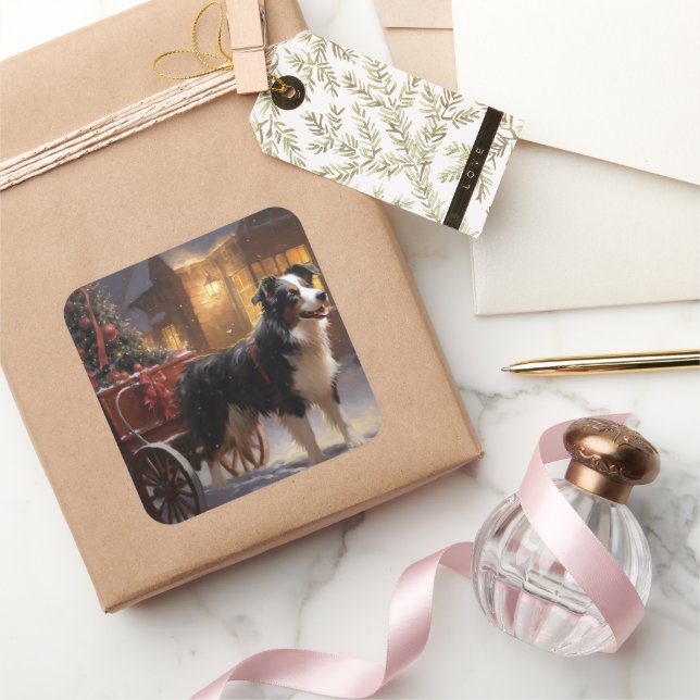 Border Collie Christmas Festive Season Square Sticker (Gifting)