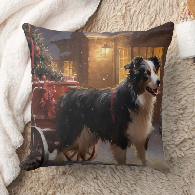 Border Collie Christmas Festive Season Throw Pillow (Blanket)