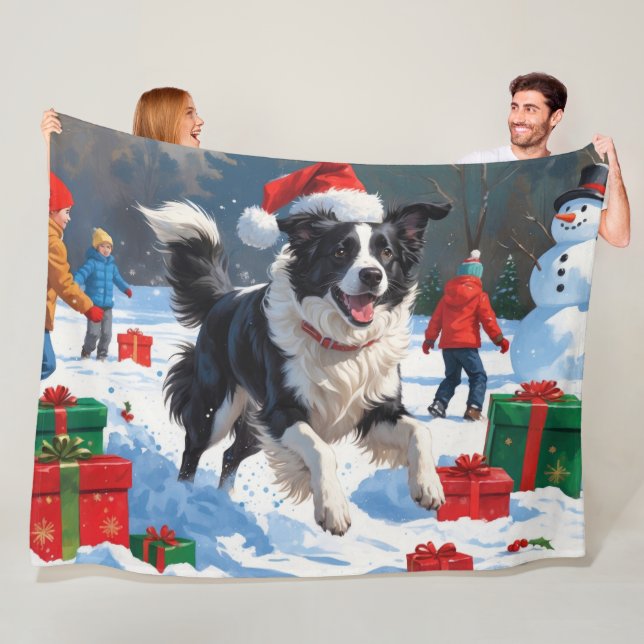 Border Collie Christmas Festive Snow Scene Fleece Blanket (In Situ)