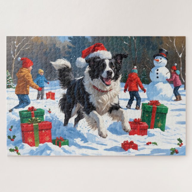 Border Collie Christmas Festive Snow Scene Jigsaw Puzzle (Horizontal)