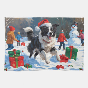 Border Collie Christmas Festive Snow Scene Kitchen Towel