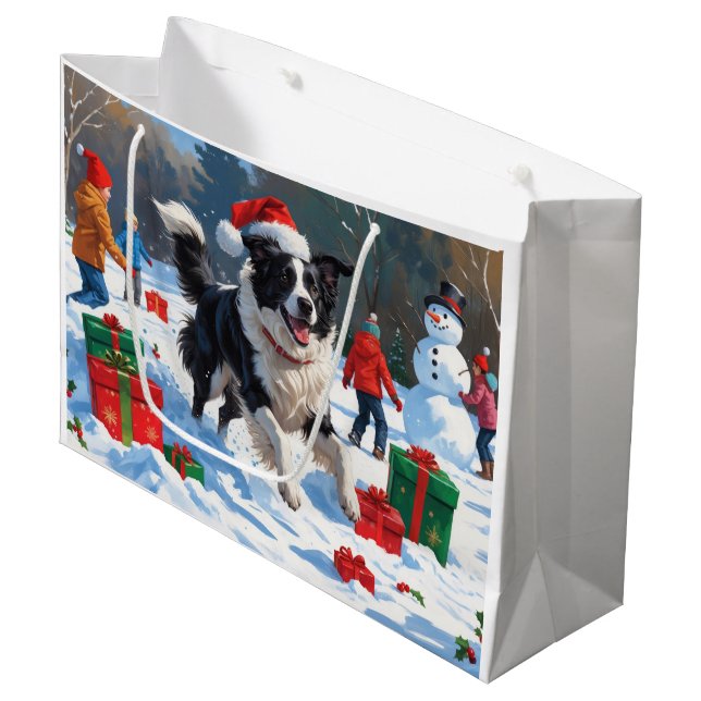 Border Collie Christmas Festive Snow Scene Large Gift Bag (Front Angled)