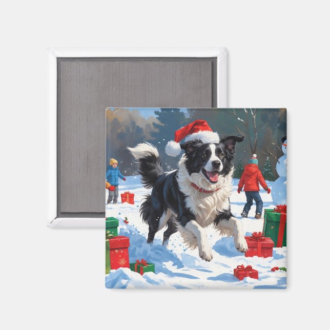 Border Collie Christmas Festive Snow Scene Magnet (Front/Back)