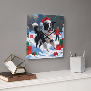 Border Collie Christmas Festive Snow Scene Square Wall Clock