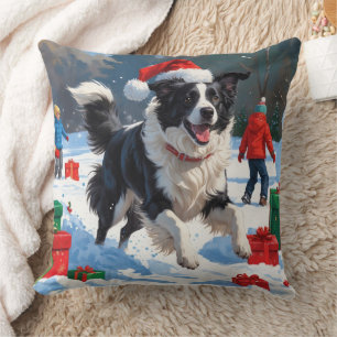 Border Collie Christmas Festive Snow Scene Throw Pillow
