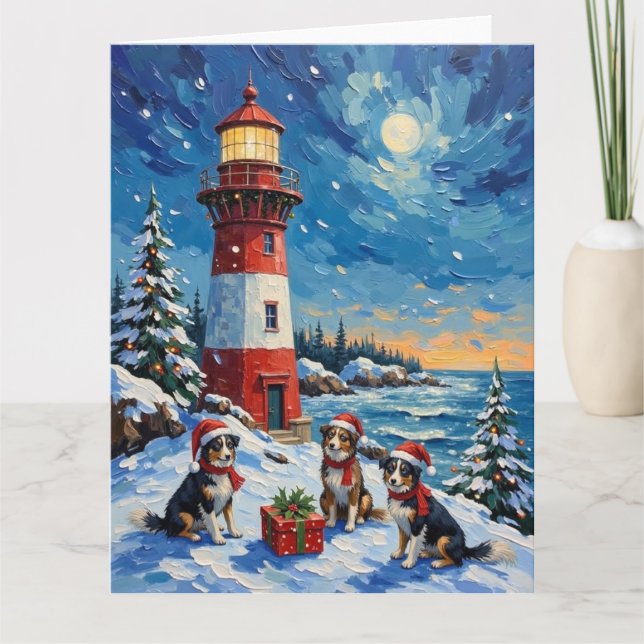 Border Collie Christmas Lighthouse Holiday Card (Front)