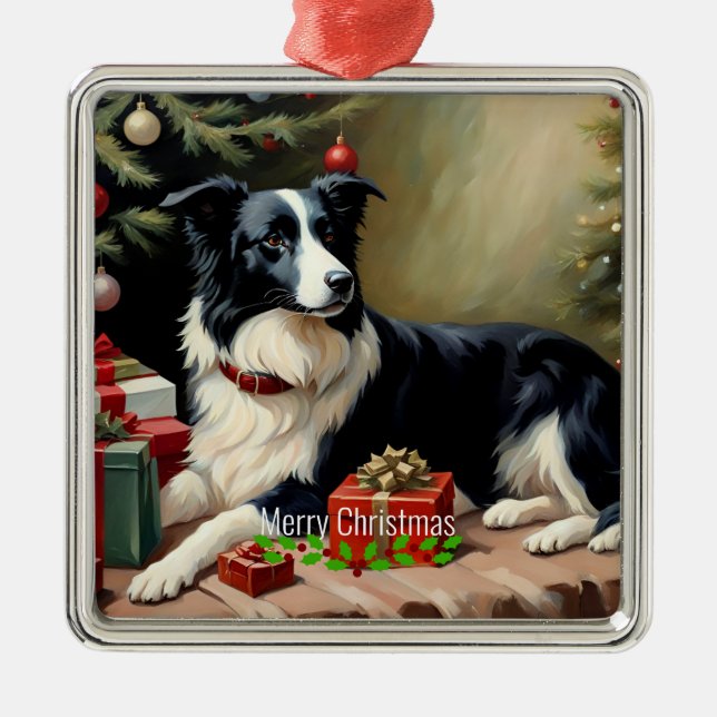 Border Collie Christmas Metal Ornament (Front)