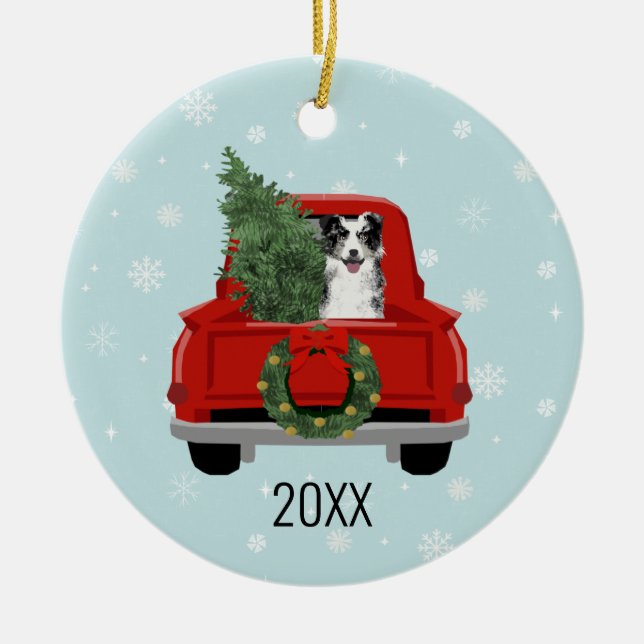 Border Collie Christmas Red Truck Ceramic Ornament (Front)