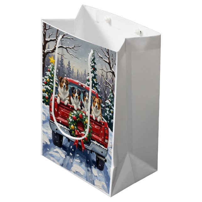 Border Collie Christmas Red Truck Holiday Medium Gift Bag (Front Angled)