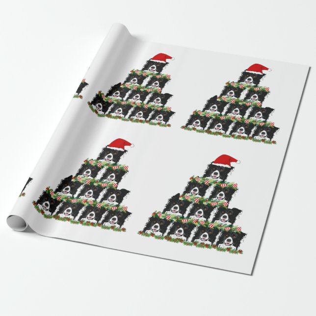 Border Collie Christmas Tree Wrapping Paper (Unrolled)