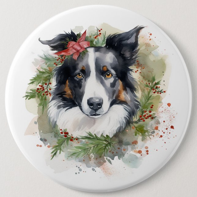 Border Collie Christmas Wreath Festive Pup  6 Inch Round Button (Front)