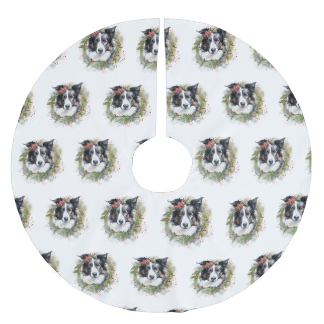 Border Collie Christmas Wreath Festive Pup  Brushed Polyester Tree Skirt (Front)