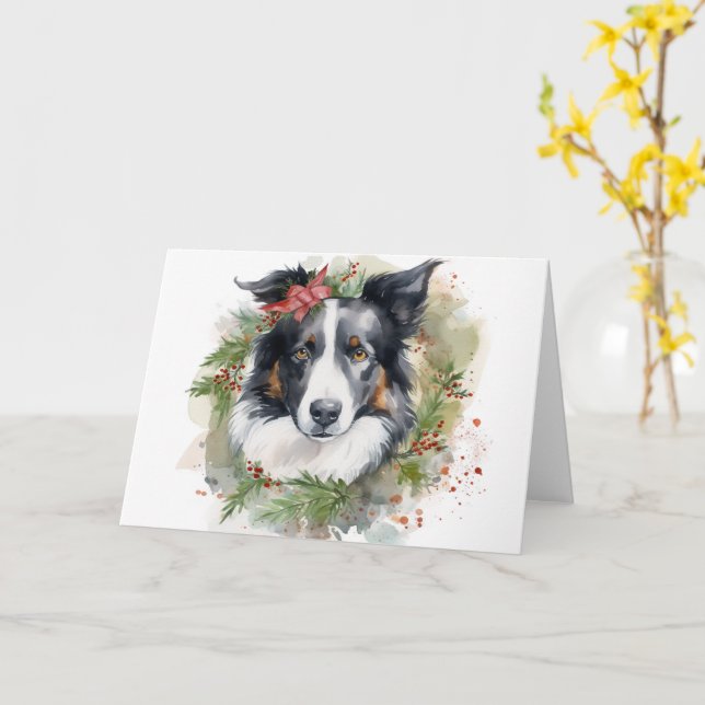 Border Collie Christmas Wreath Festive Pup  Card (Yellow Flower)