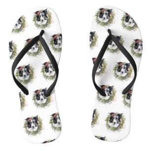 Border Collie Christmas Wreath Festive Pup  Flip Flops