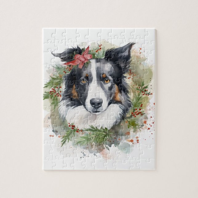 Border Collie Christmas Wreath Festive Pup  Jigsaw Puzzle (Vertical)